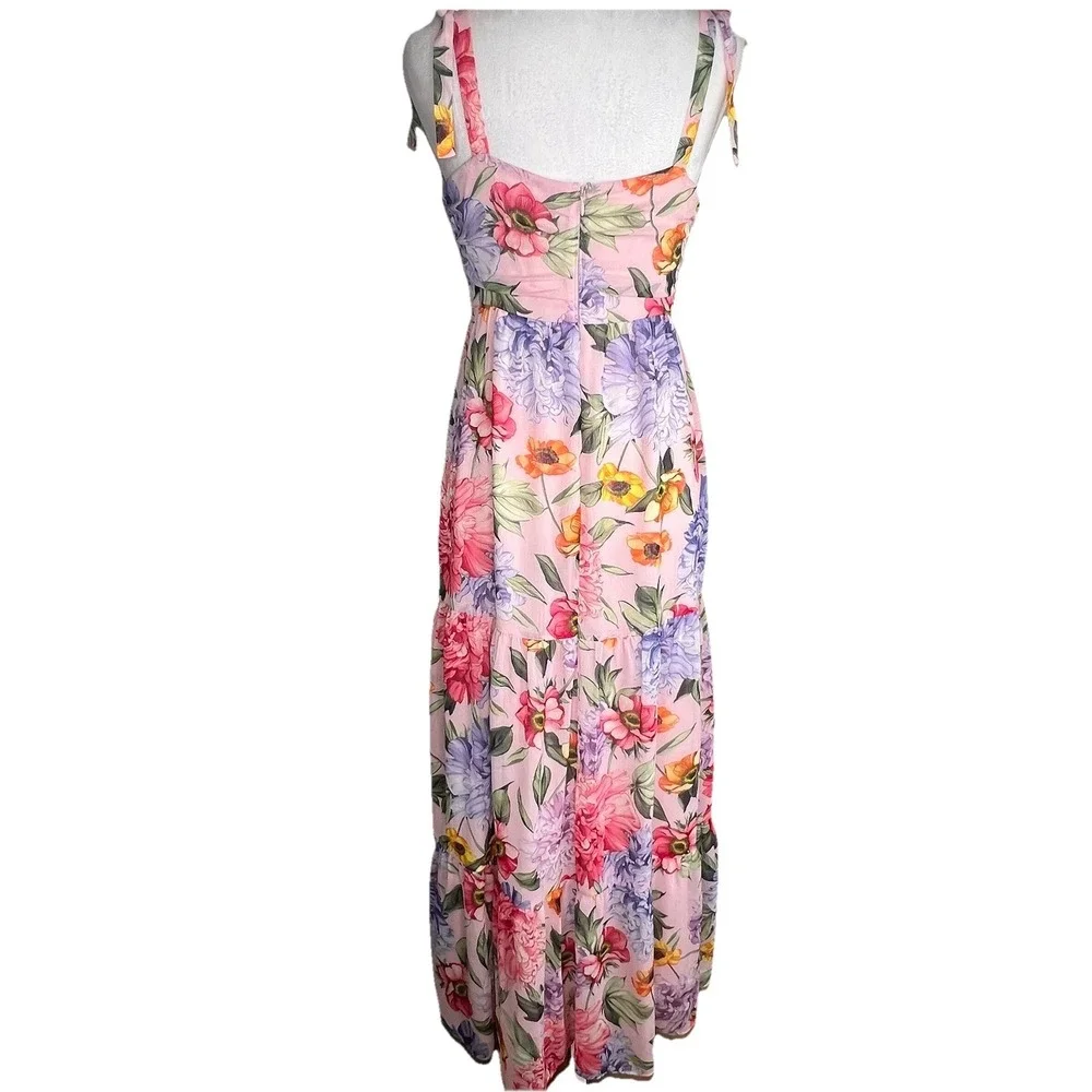 Express Floral Tiered Maxi Dress‎ Pink Tie Strap Cottagecore Romantic Feminine S